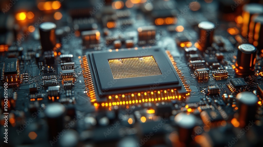 Close-up of a circuit board with a central processor and glowing lights.