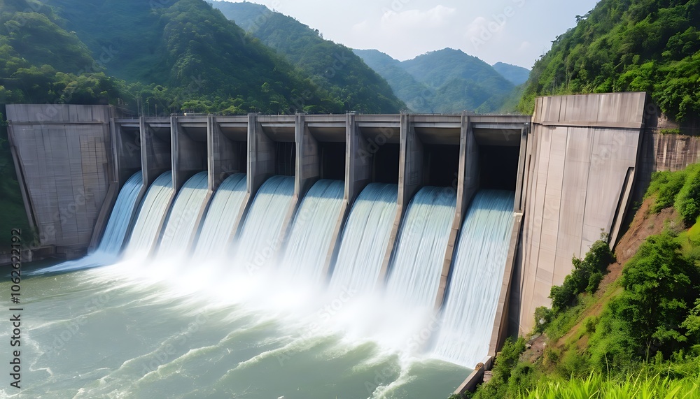 Hydroelectric dam for industry concept on natural background. Suitable for marketing or business purposes. Panoramic banner with place for text Hydroelectric dam for industry concept on natural background. Suitable for marketing or business purposes. Panoramic banner with place for text