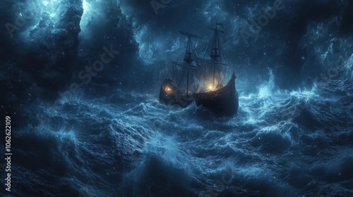 Noah's Ark navigating through a turbulent stormy sea at night