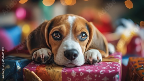 Adorable beagle puppy resting on a colorful gift box, perfect for pet lovers and holiday themes photo