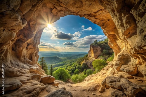 Wide-angle natural rock cave with eroded stone window photo