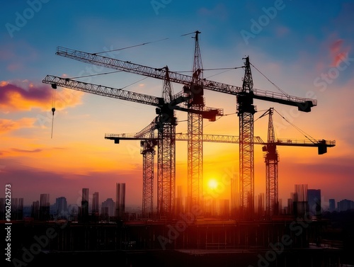 Silhouettes of construction cranes against a vibrant sunset, highlighting urban development and industrial growth.