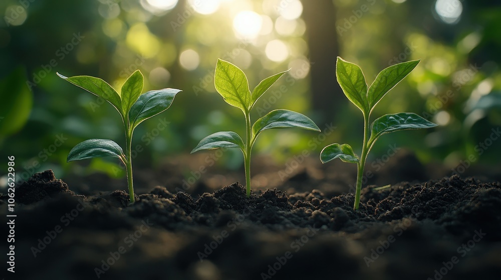 Three young green plants growing in rich soil under soft natural light. Three young green plants growing in rich soil under soft natural light.