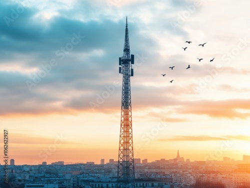 Stunning sunset view of a tall broadcasting tower against a colorful sky with birds in flight, capturing urban tranquility.