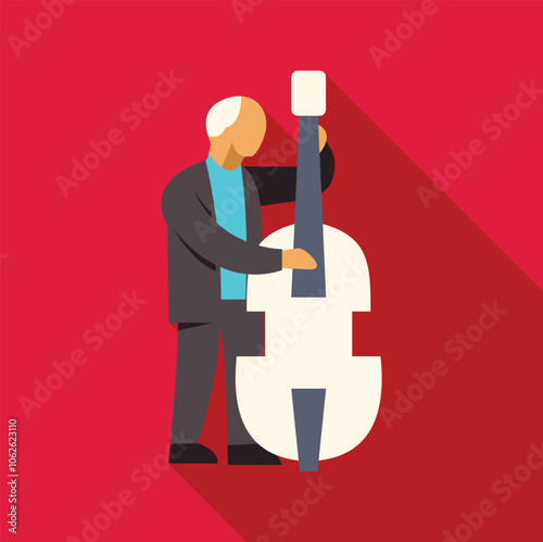 Senior musician playing a double bass on a red background