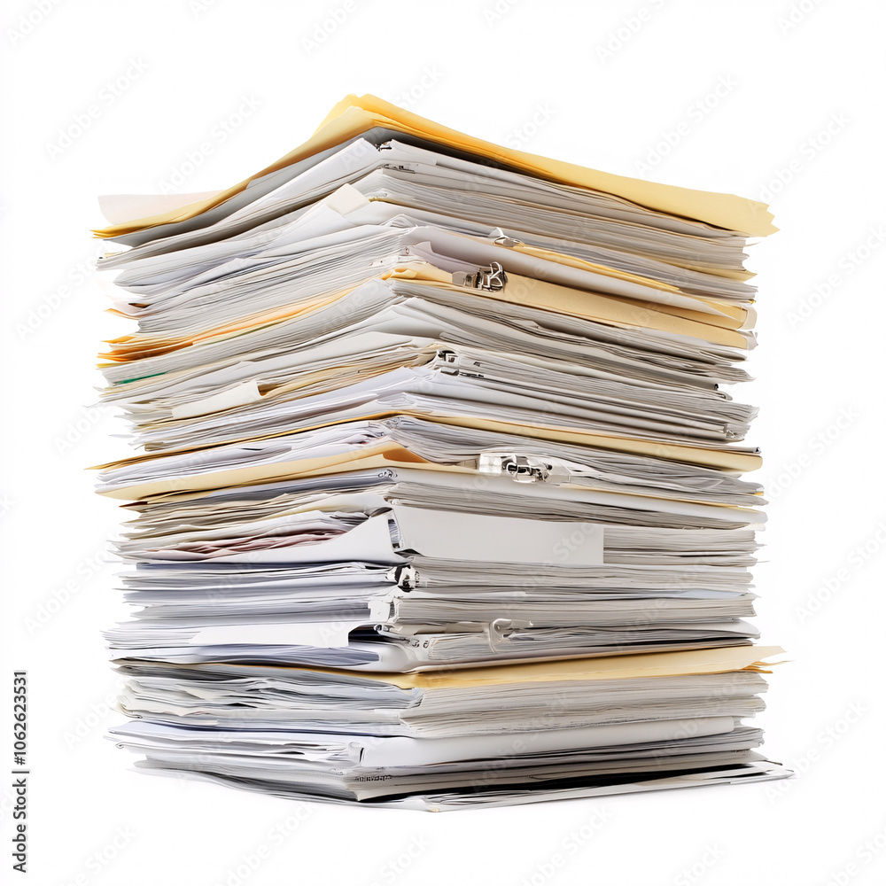 large stack of paperwork in office setting isolated on white background large stack of paperwork in office setting isolated on white background