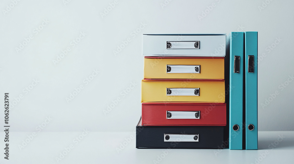 stack of colorful folders and binders on a white desk stack of colorful folders and binders on a white desk