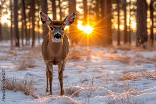 Sunrise Elegance: Deer and Pines at Dawn's First Light photo