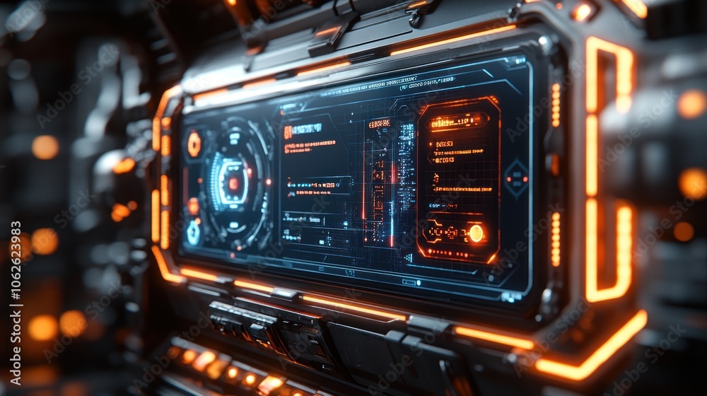 Futuristic control panel with glowing interfaces and data displays. Futuristic control panel with glowing interfaces and data displays.