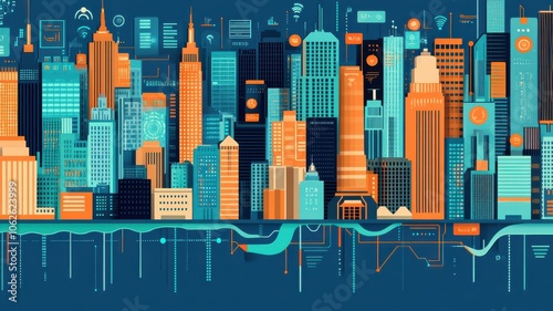 Vibrant city skyline illustration with modern architecture, featuring skyscrapers in orange and blue tones, ideal for urban themes. photo