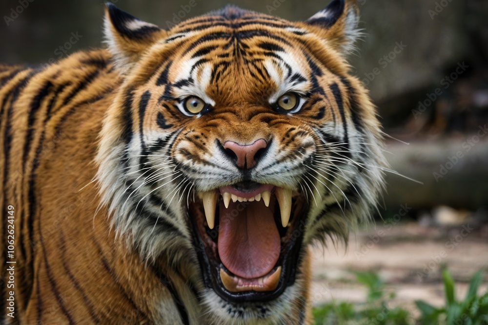 A tiger snarling, showing its sharp teeth and intense eyes, with fur bristling A tiger snarling, showing its sharp teeth and intense eyes, with fur bristling