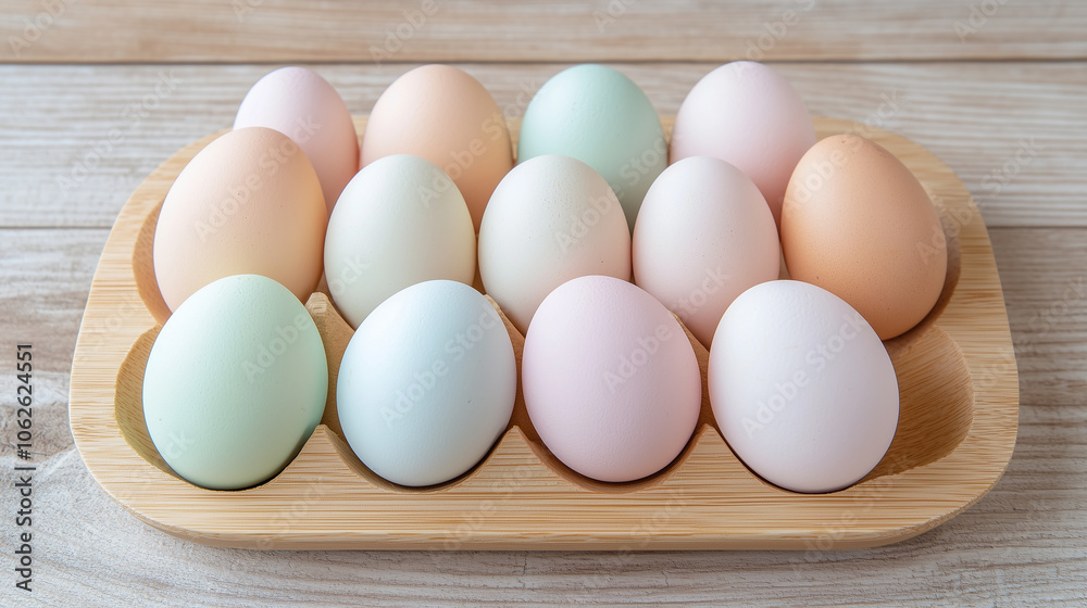 Fresh Eggs in Wooden Crate: A dozen colorful eggs, a symphony of pastel hues, nestle in a rustic wooden crate, showcasing the beauty of nature's bounty. Fresh Eggs in Wooden Crate: A dozen colorful eggs, a symphony of pastel hues, nestle in a rustic wooden crate, showcasing the beauty of nature's bounty.