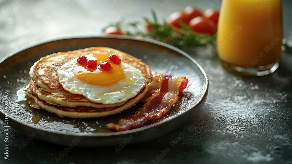 Breakfast table with pancakes, eggs, bacon and orange juice Breakfast table with pancakes, eggs, bacon and orange juice