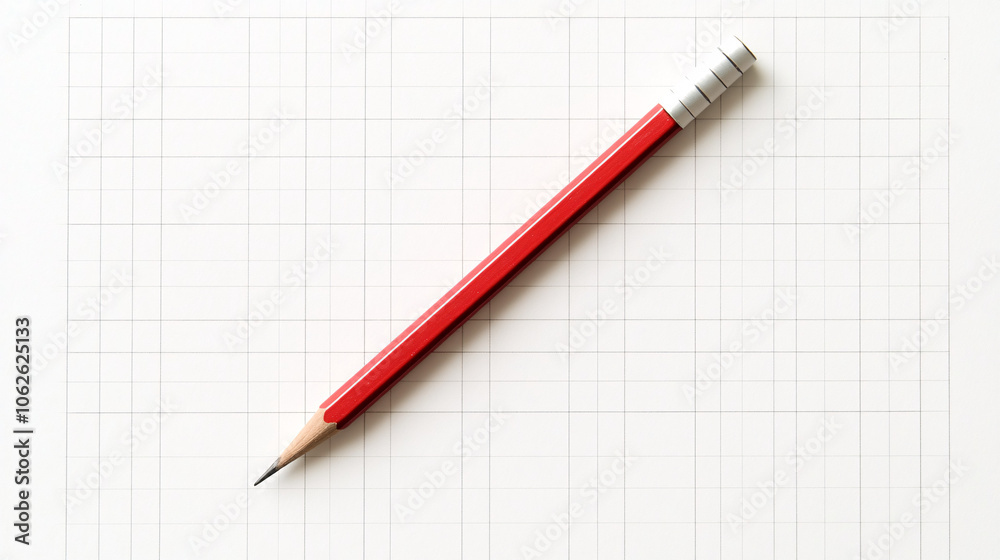 red pencil on white grid paper background office supplies stationery close up red pencil on white grid paper background office supplies stationery close up