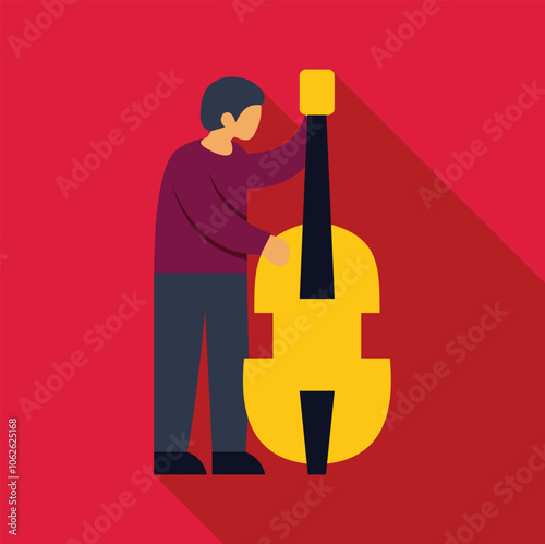 Musician standing and holding a double bass in flat design style with long shadow