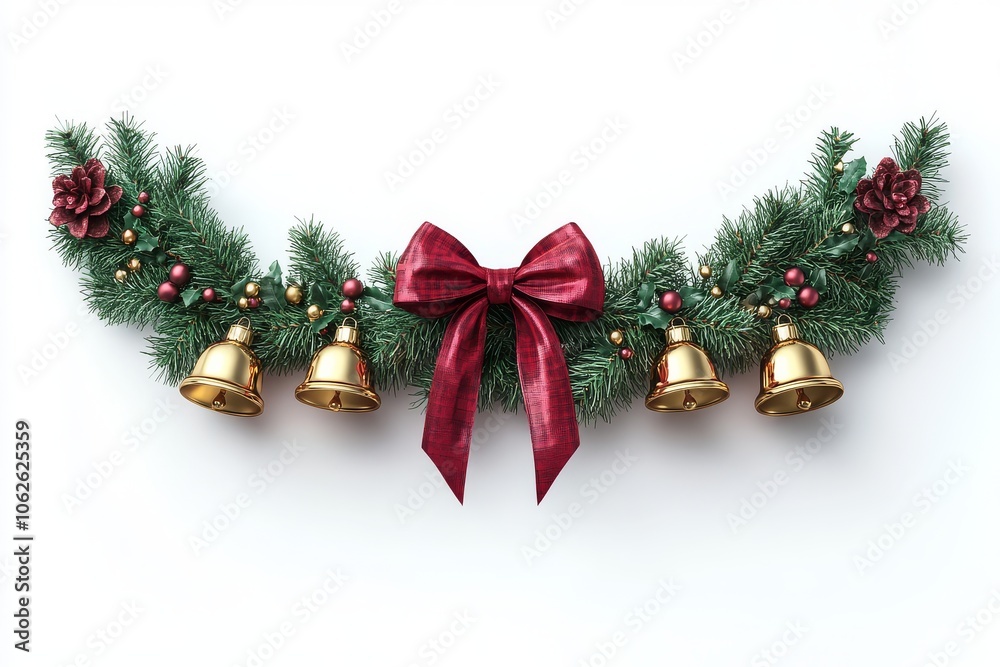 Christmas garland frame with red bow and golden bells, isolated on white background for festive holiday decoration. Christmas garland frame with red bow and golden bells, isolated on white background for festive holiday decoration.