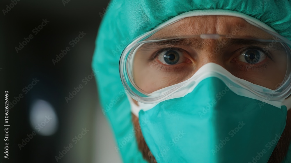 Focused and dedicated medical professional wearing protective scrubs mask and goggles while conducting a critical surgical procedure in a hospital operating room Concept of healthcare Focused and dedicated medical professional wearing protective scrubs mask and goggles while conducting a critical surgical procedure in a hospital operating room Concept of healthcare