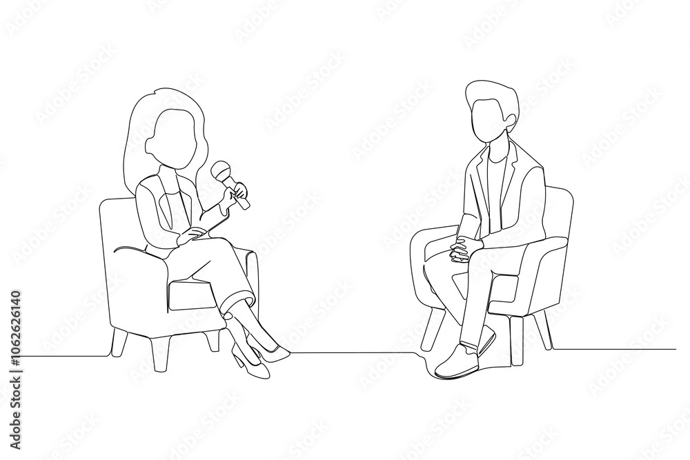Continuous single-line art drawing of host talking to Celebrity. Motivational speaker concept line art background. Continuous single-line art drawing of host talking to Celebrity. Motivational speaker concept line art background.