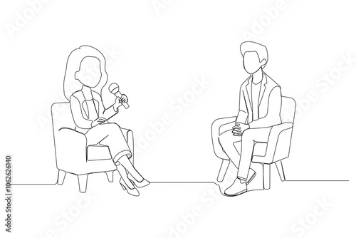 Continuous single-line art drawing of host talking to Celebrity. Motivational speaker concept line art background.