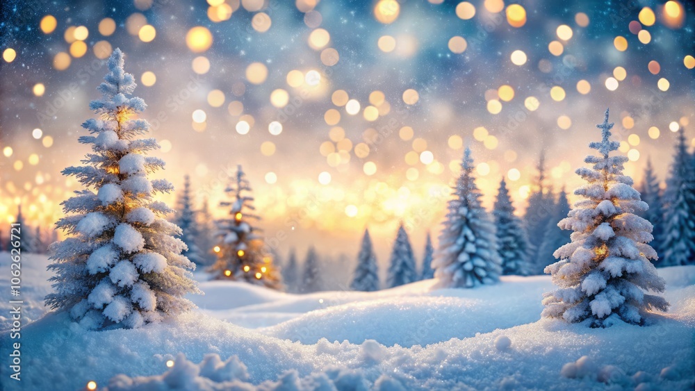 Naklejka premium Winter Wonderland Bokeh Background for Merry Christmas and Happy New Year Greeting Cards, Festive Christmas Landscape with Soft Focus and Copyspace for Holiday Wishes