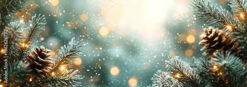 Frosty Christmas background featuring snow, twinkling lights, and pine tree branches in a whimsical winter wonderland with soft pastel colors.