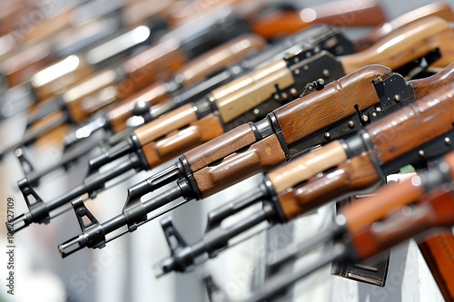 Rows of rifles with wooden stocks, close-up.