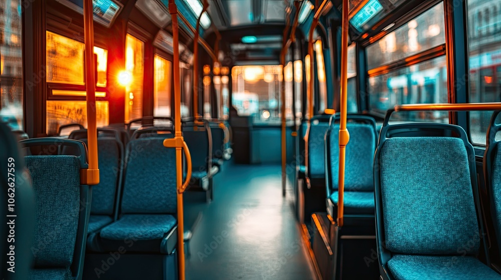 The interior of a public transportation bus, focusing on the clean blue seats and empty aisle, with a bright and spacious layout. The interior of a public transportation bus, focusing on the clean blue seats and empty aisle, with a bright and spacious layout.