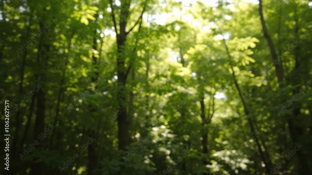 Blurred background of lush green forest with sunlight streaming through the leaves, serene, trees, green Blurred background of lush green forest with sunlight streaming through the leaves, serene, trees, green