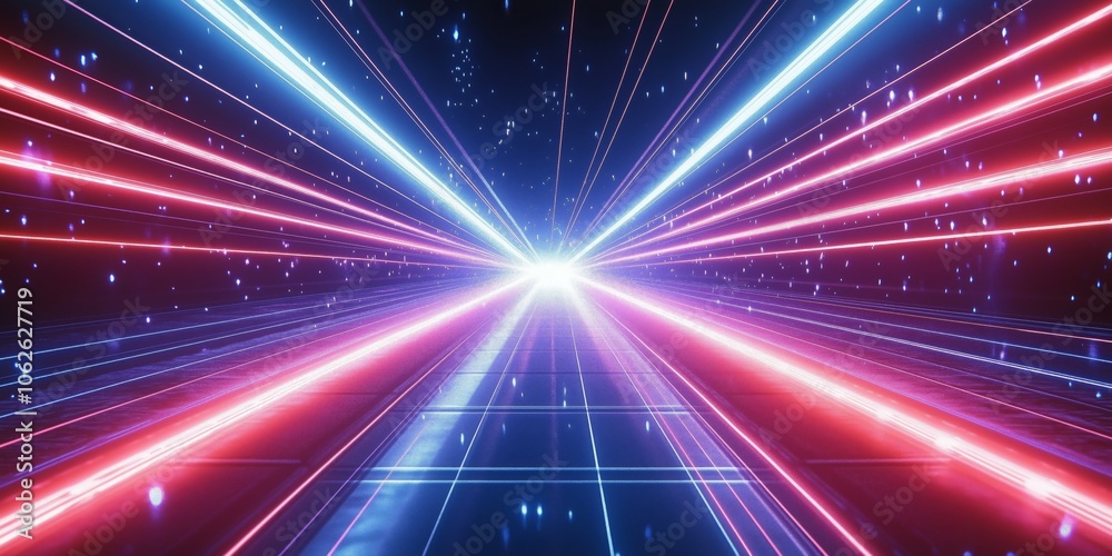 Neon light grid with converging red and blue lines, creating a futuristic and sci-fi inspired background with intense vibrancy. Neon light grid with converging red and blue lines, creating a futuristic and sci-fi inspired background with intense vibrancy.