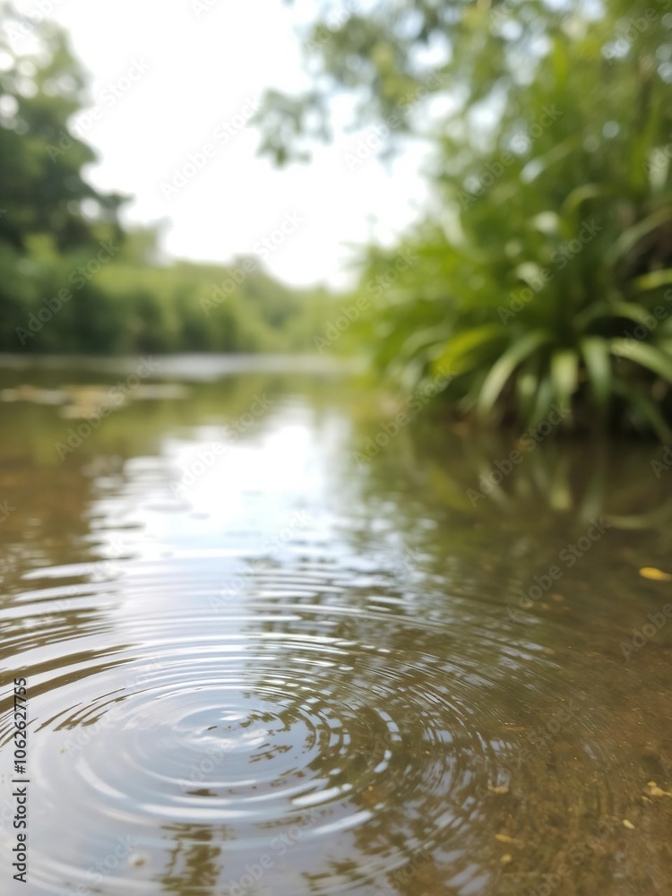 Blurred image of tranquil natural background with water ripples and green plants, peaceful, environment, foliage Blurred image of tranquil natural background with water ripples and green plants, peaceful, environment, foliage