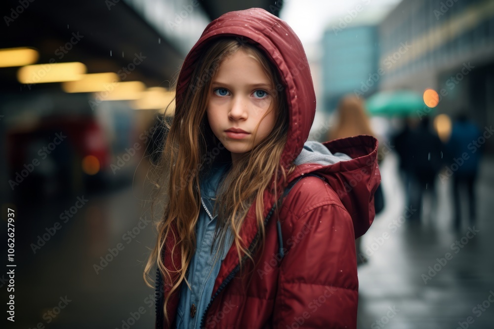 Portrait of a sad little girl in a red jacket on the street Portrait of a sad little girl in a red jacket on the street