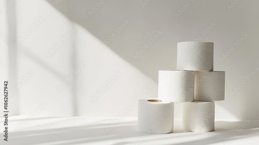 Three stacked toilet paper rolls, side view, isolated, white background, soft and minimal Three stacked toilet paper rolls, side view, isolated, white background, soft and minimal