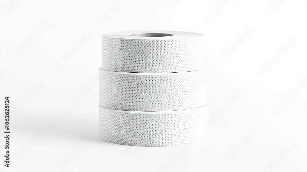 Three-roll toilet paper stack, side view, isolated on white, soft texture and clean look Three-roll toilet paper stack, side view, isolated on white, soft texture and clean look