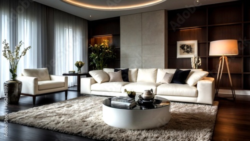 Modern Living Room Interior Design with White Sofa  Coffee Table  Floor Lamps  Minimalist Decor  Cozy Atmosphere  Stylish Home Interiors  Contemporary Furniture  Bright and Airy Space  Elegant Design
