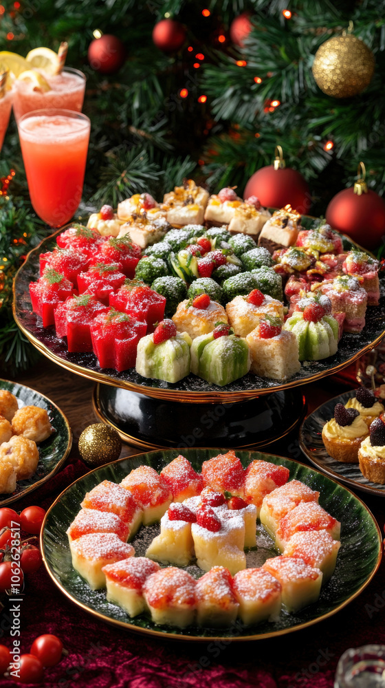 A table with a variety of desserts and drinks, including a Christmas tree. The desserts include cakes, fruit, and other treats, while the drinks include juice and wine A table with a variety of desserts and drinks, including a Christmas tree. The desserts include cakes, fruit, and other treats, while the drinks include juice and wine