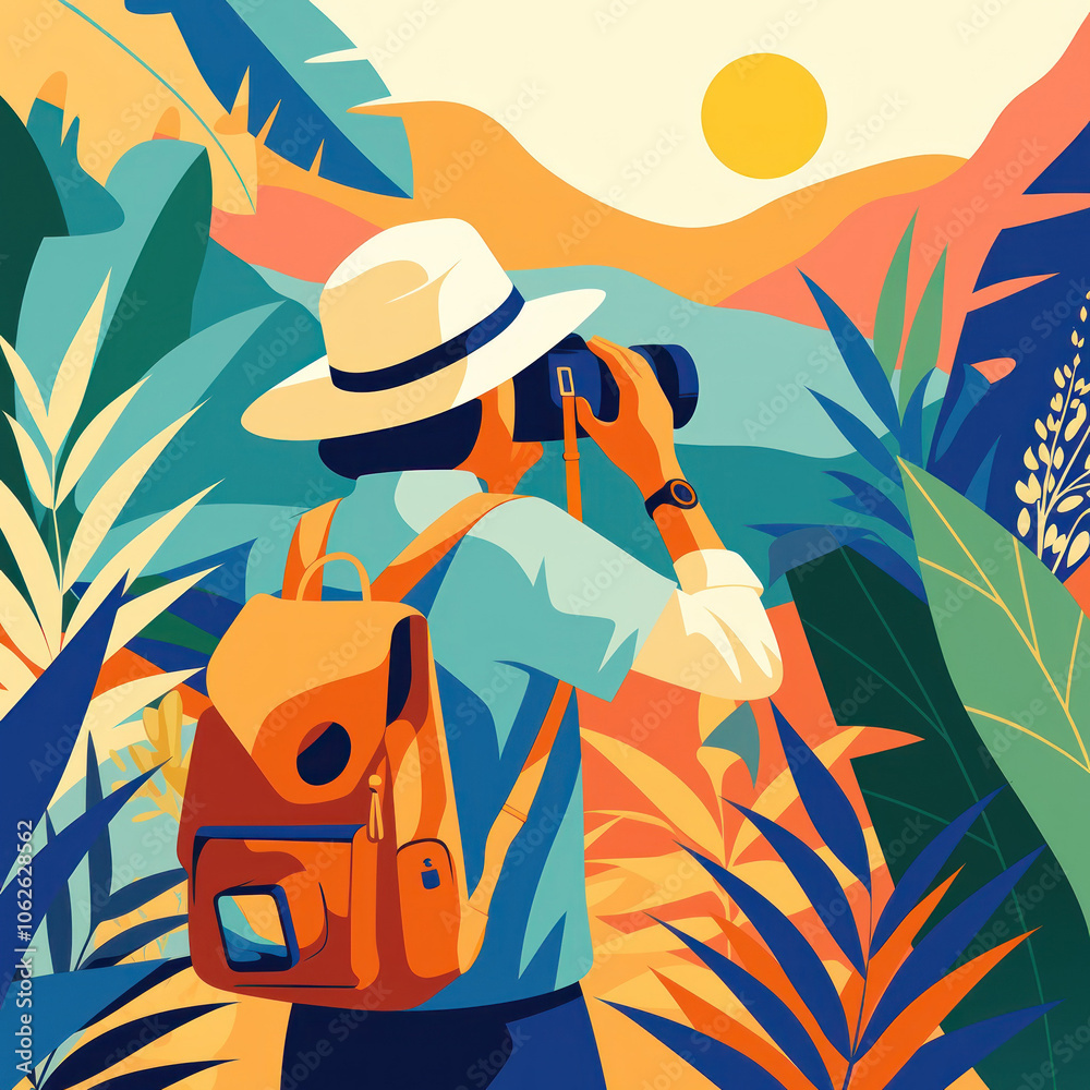 Illustration of a Person with a Backpack and a Hat Taking a Photo in a Tropical Forest Illustration of a Person with a Backpack and a Hat Taking a Photo in a Tropical Forest