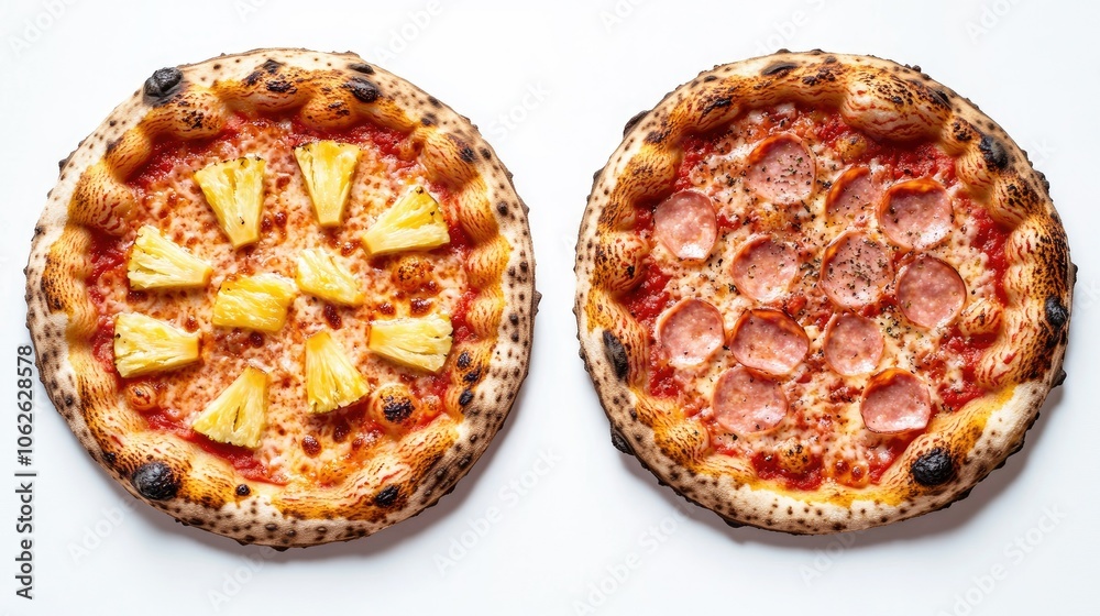 Top and side views of Hawaiian pizza with juicy pineapple and tender ham slices on a thin crust, isolated Top and side views of Hawaiian pizza with juicy pineapple and tender ham slices on a thin crust, isolated