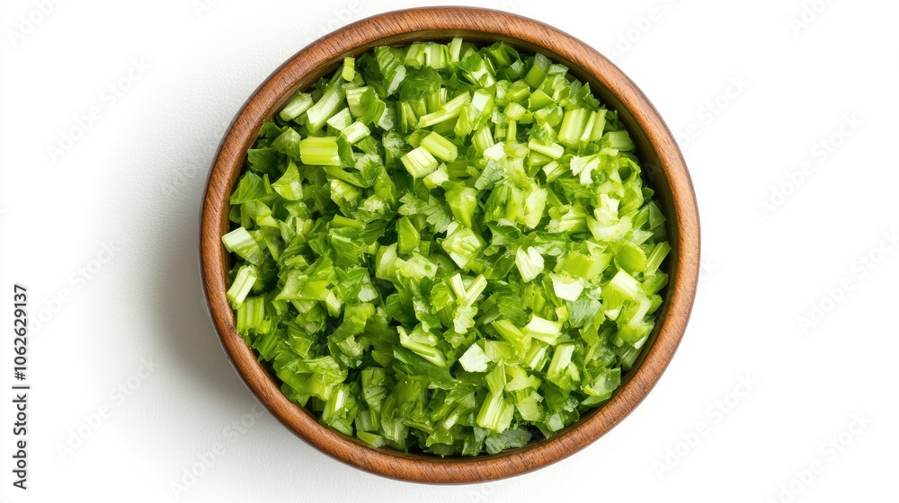 Top view of chopped celery in bowl, isolated on white, vibrant green pieces Top view of chopped celery in bowl, isolated on white, vibrant green pieces