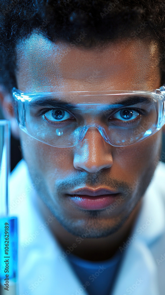 A man wearing a lab coat and safety glasses is looking at a beaker. Concept of focus and concentration, as the man is likely conducting an experiment or working on a scientific project A man wearing a lab coat and safety glasses is looking at a beaker. Concept of focus and concentration, as the man is likely conducting an experiment or working on a scientific project