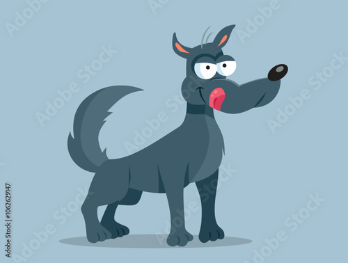 Wolf Character Licking his Lips Feeling Hungry Vector Cartoon. Classical fairytale villain beast isolated on blue background 
