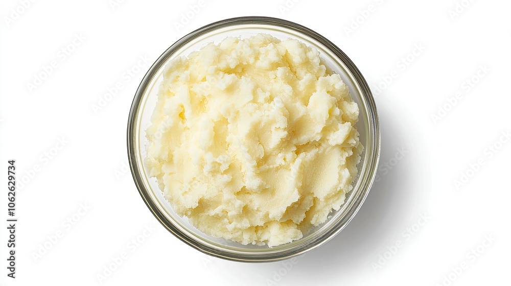 Top view of freshly mashed potatoes in a bowl, clean white background Top view of freshly mashed potatoes in a bowl, clean white background