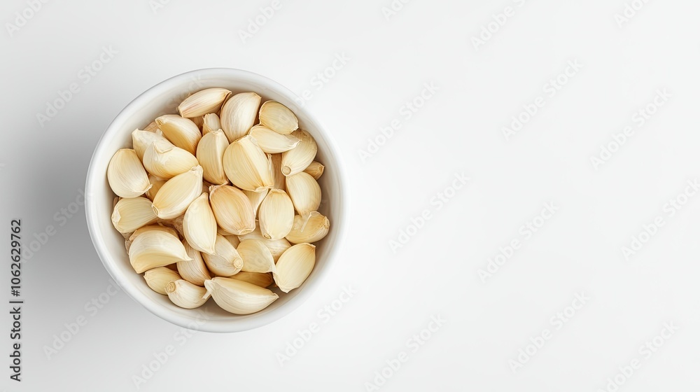 Top view of garlic cloves in a white bowl, isolated on white Top view of garlic cloves in a white bowl, isolated on white