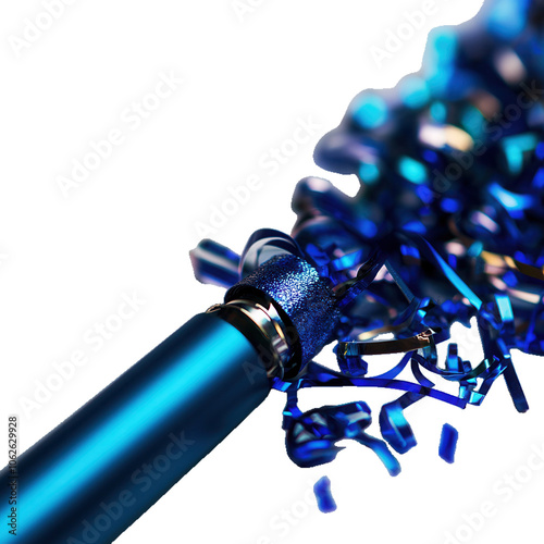 Celebratory blue party popper with shiny confetti, perfect for festive occasions and celebrations. transparent background