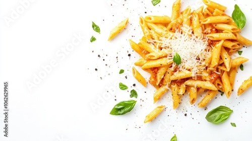 Top view of Italian penne pasta Arrabbiata garnished with Parmesan cheese and basil, isolated on white
