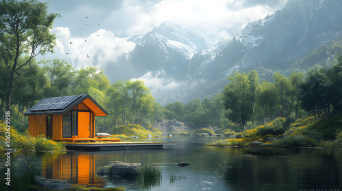 Illustrate a Modular Tiny Home Nestled in a Scenic Natural Setting, Surrounded by Lush Greenery and Breathtaking Views, Emphasizing Sustainability and Modern Living 