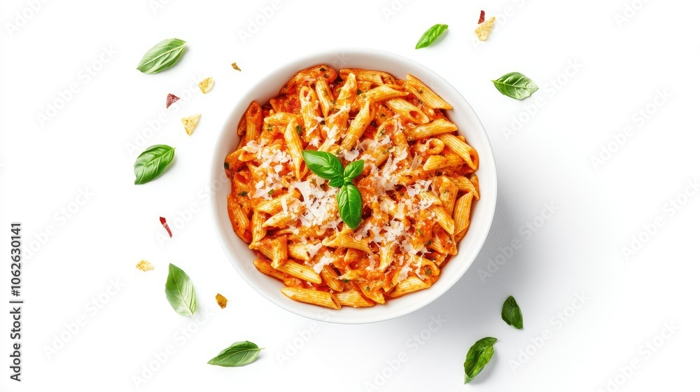 Top view of penne Arrabbiata with tangy tomato sauce and Parmesan cheese, garnished with basil, isolated on white