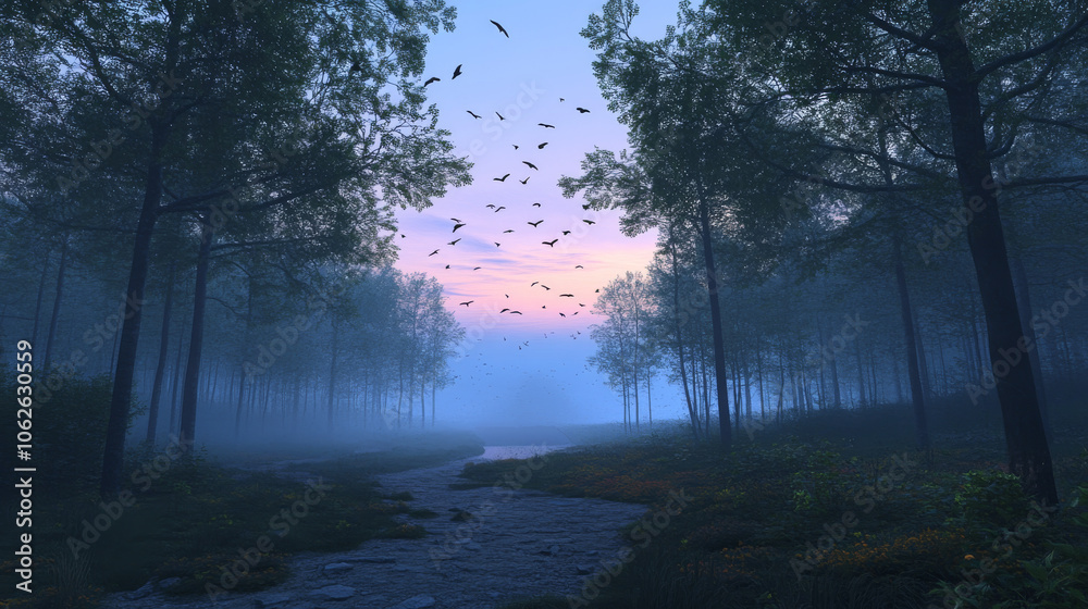 Misty Forest Dawn: Birds, Stream, Tranquil 3D Render