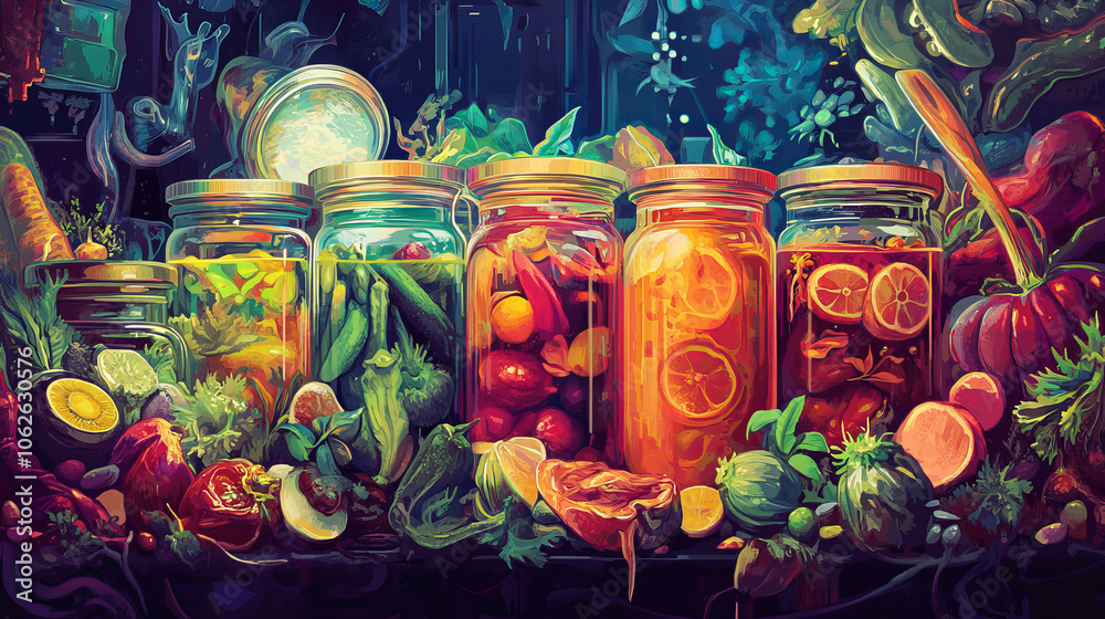 Fototapeta premium Vibrant Fermented Foods: Psychedelic Jars of Pickles, Peppers, and Citrus