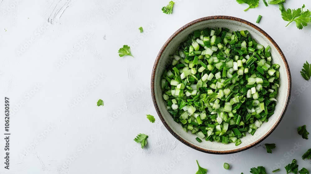 Top-down view of chopped green onions in bowl, isolated on white Top-down view of chopped green onions in bowl, isolated on white