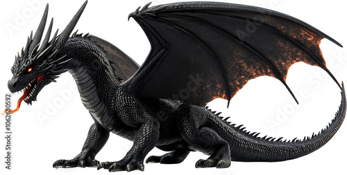 Black dragon with fiery eyes on transparent background